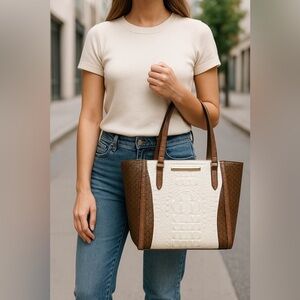 Brahmin White Brown Croc Embossed Leather Tote Bag with Dust Bag OS